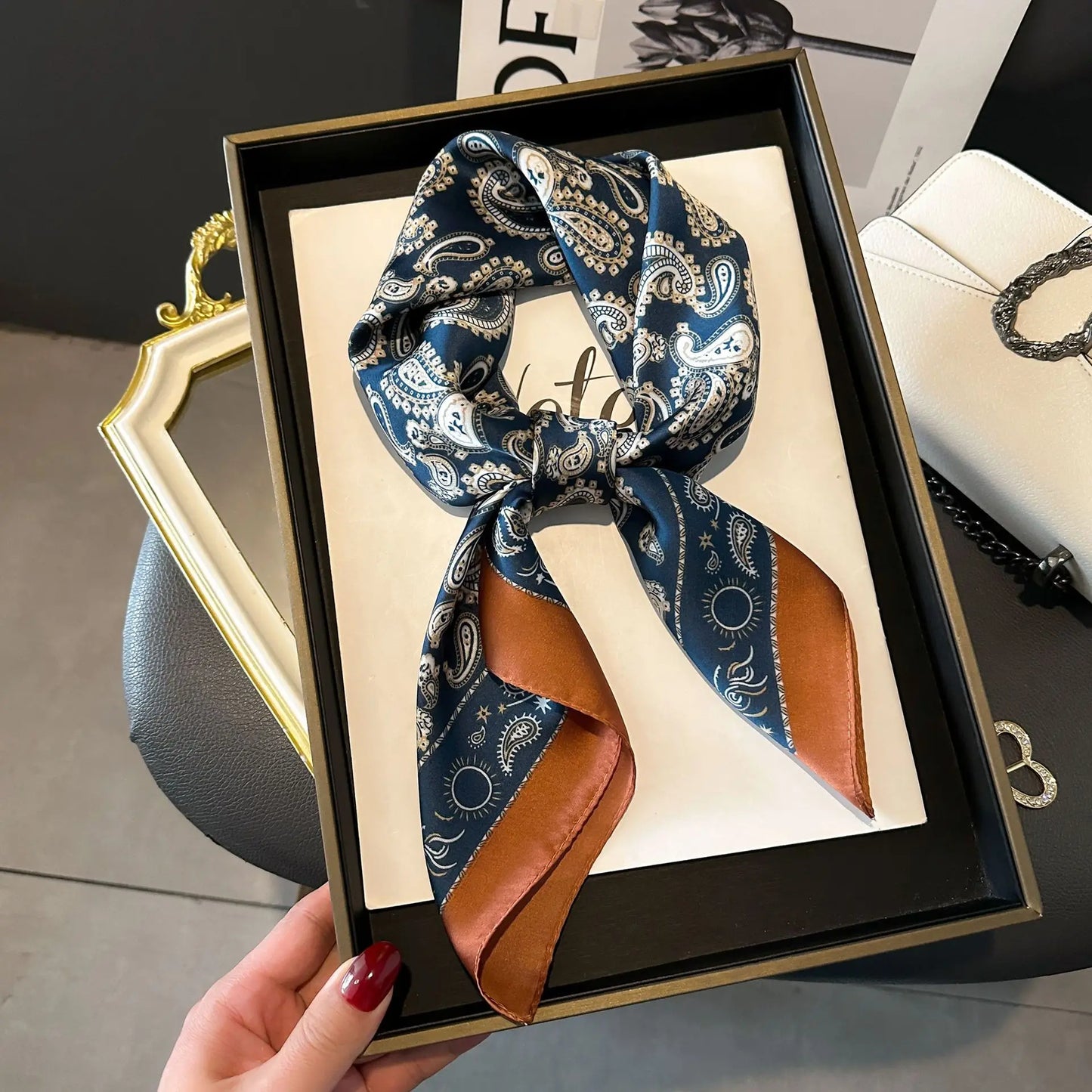 Wholesale 1026A Custom Logo Brand Designer 70*70 Digital Printing Square Satin Silk Scarf for Women Stylish Luxury High Quality