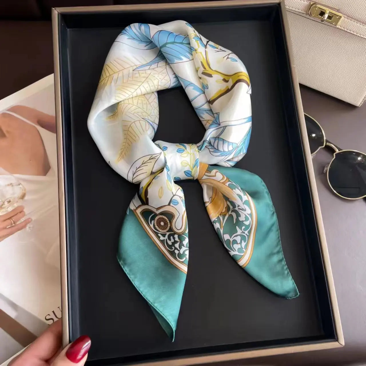 Wholesale 1026A Custom Logo Brand Designer 70*70 Digital Printing Square Satin Silk Scarf for Women Stylish Luxury High Quality