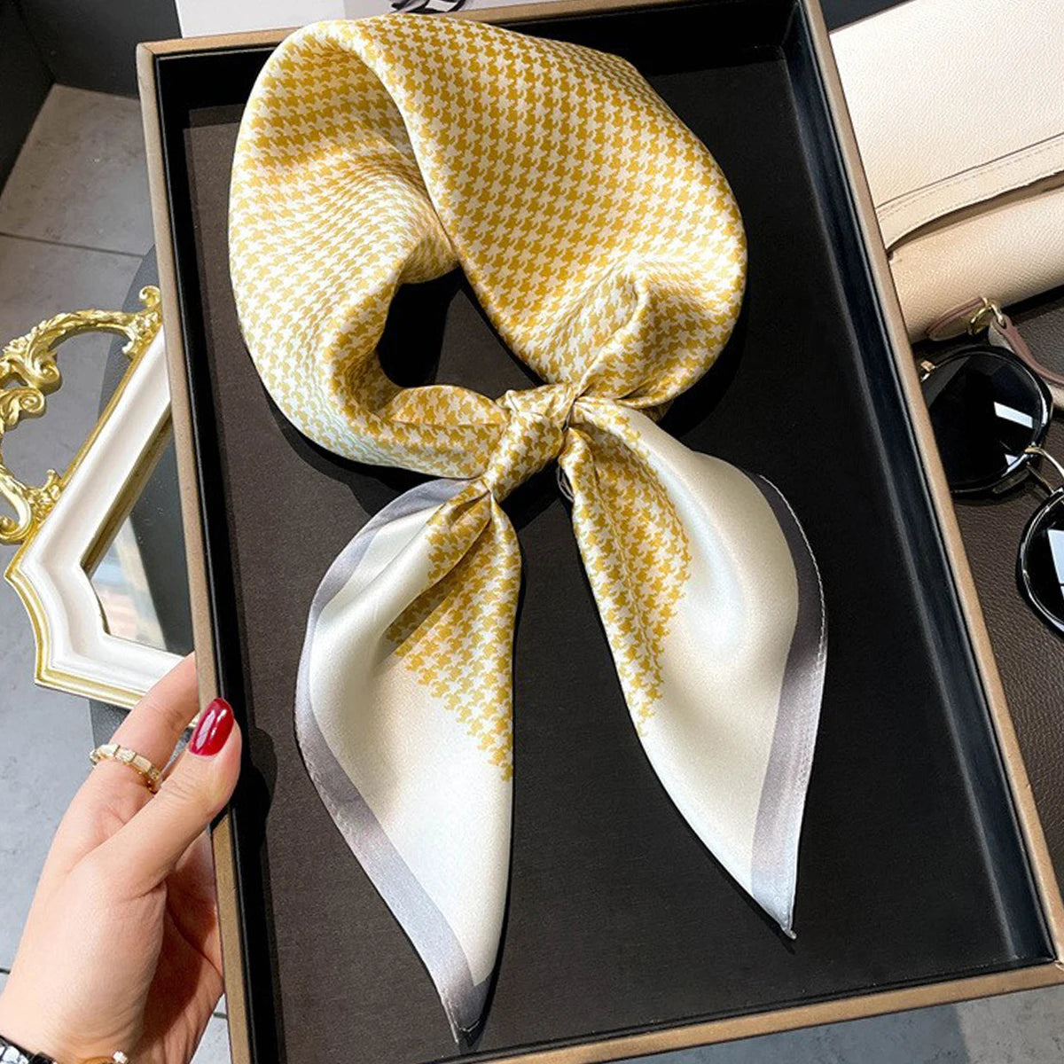 Wholesale 1026A Custom Logo Brand Designer 70*70 Digital Printing Square Satin Silk Scarf for Women Stylish Luxury High Quality